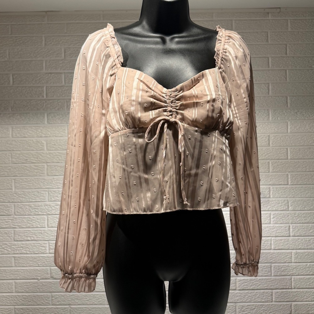 Blush Pink Tie Front Blouse Long Sleeve Sheer Swiss Dot Top